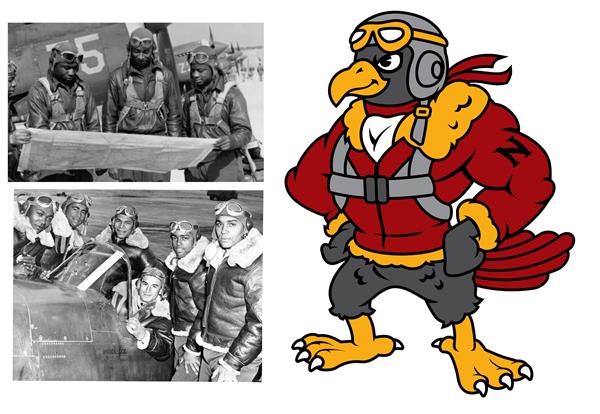 Photo of Tuskegee Airmen and new Nettingham mascot